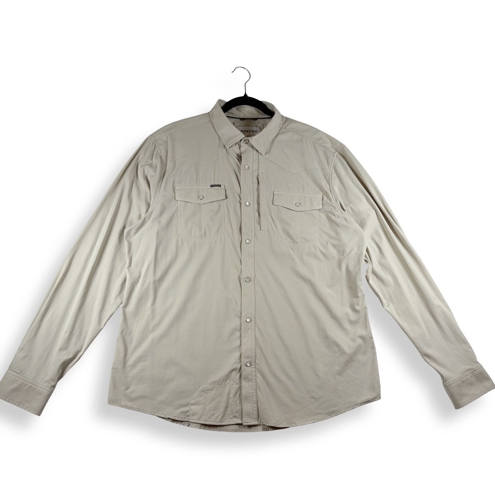 Poncho Outdoors Mens XL Slim Fit Western Pearl Snap Fishing Shirt Tan Stretch